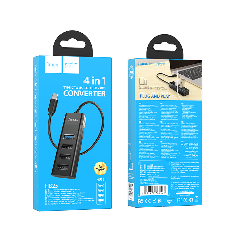 Hub chia Hoco HB25 Cổng Type-C ra 1 cổng USB 3.0 + 3 cổng USB 2.0