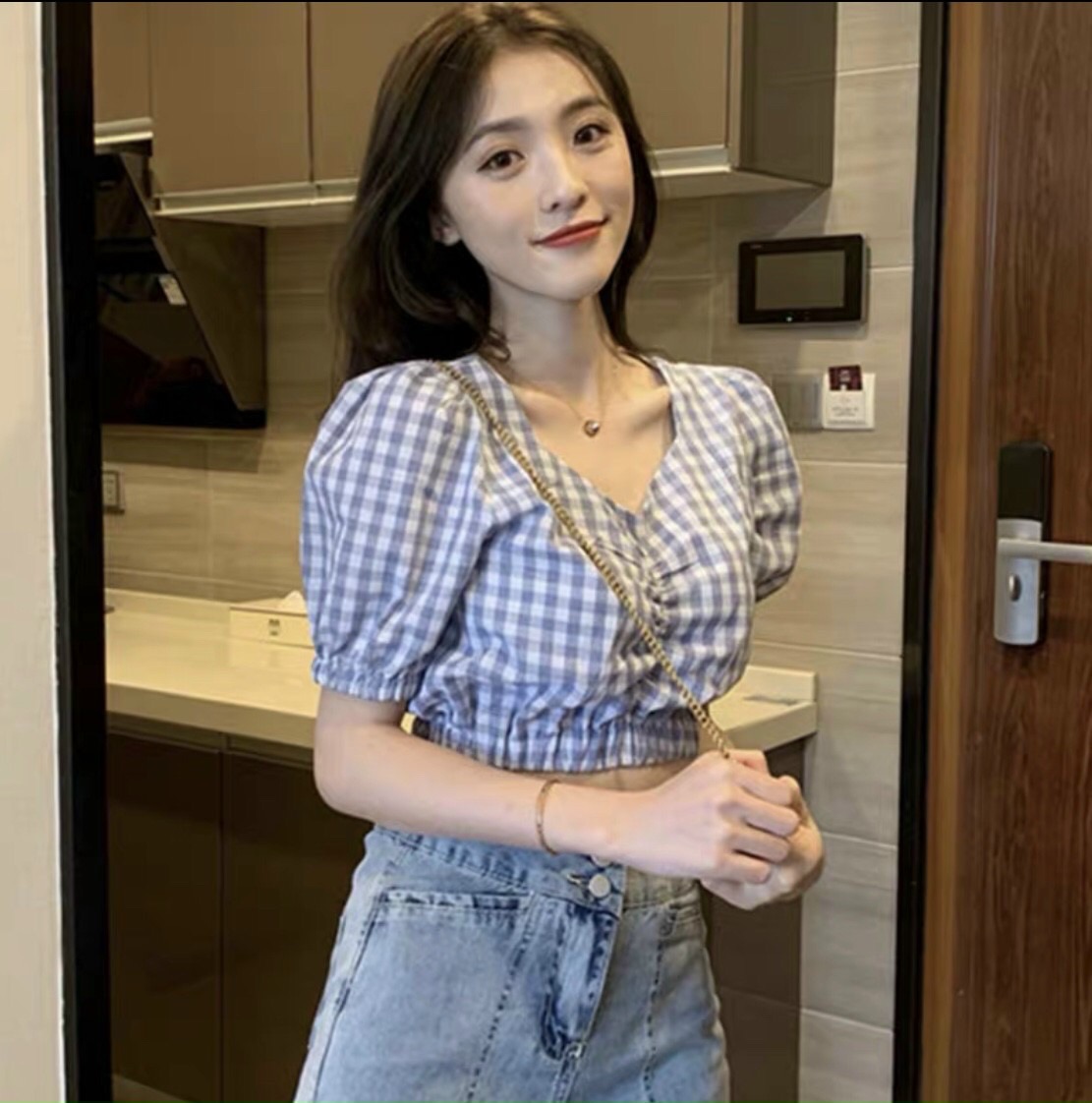 Áo caro rút ngực form croptop 50kg