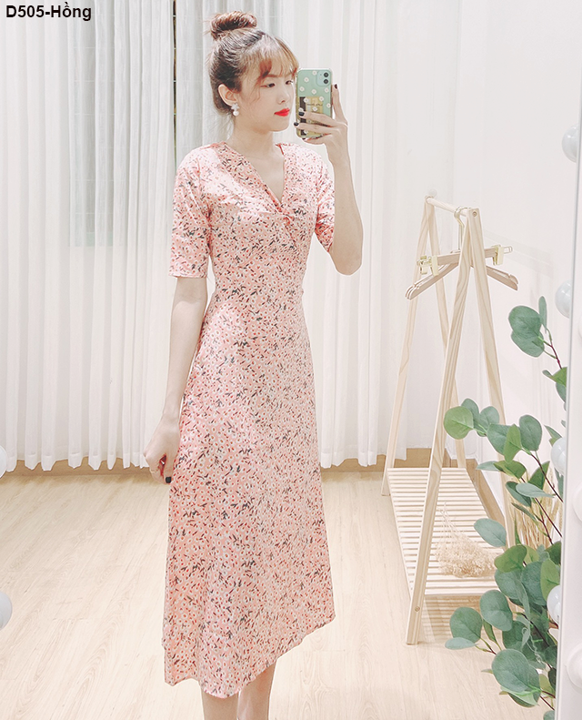 [HCM]D505- Đầm lụa hoa dáng dài vintage