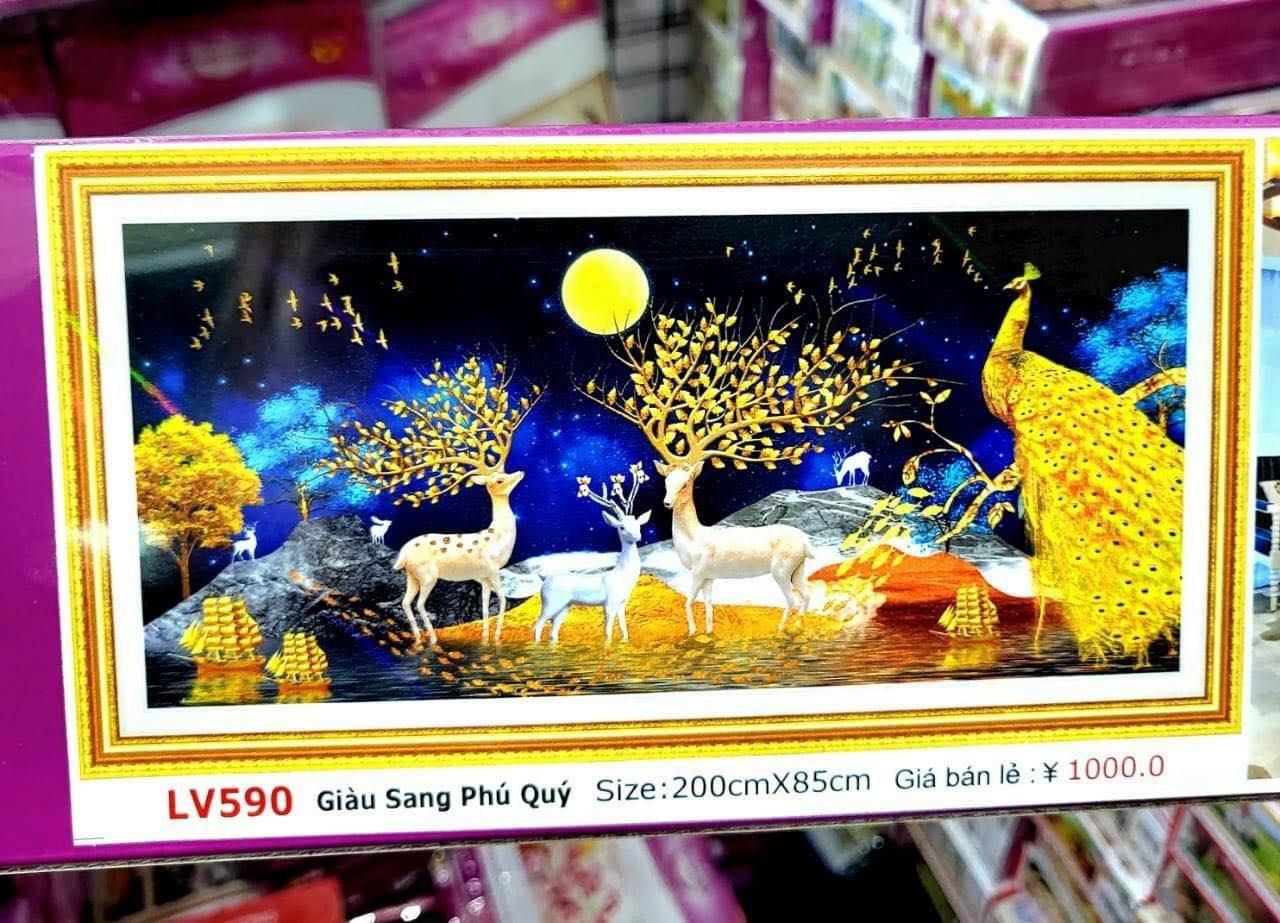 Tranh đính đá Hươu Tài Lộc Giàu Sang Dưới Ánh Trăng - tranh chưa đính đá