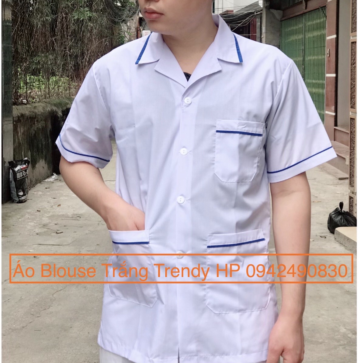 Áo Blouse Trắng Nam Nữ Thực Tập Sinh có cầu vai xanh - Áo Điều Dưỡng, Y tá Nam Nữ có Viền có cầu vai