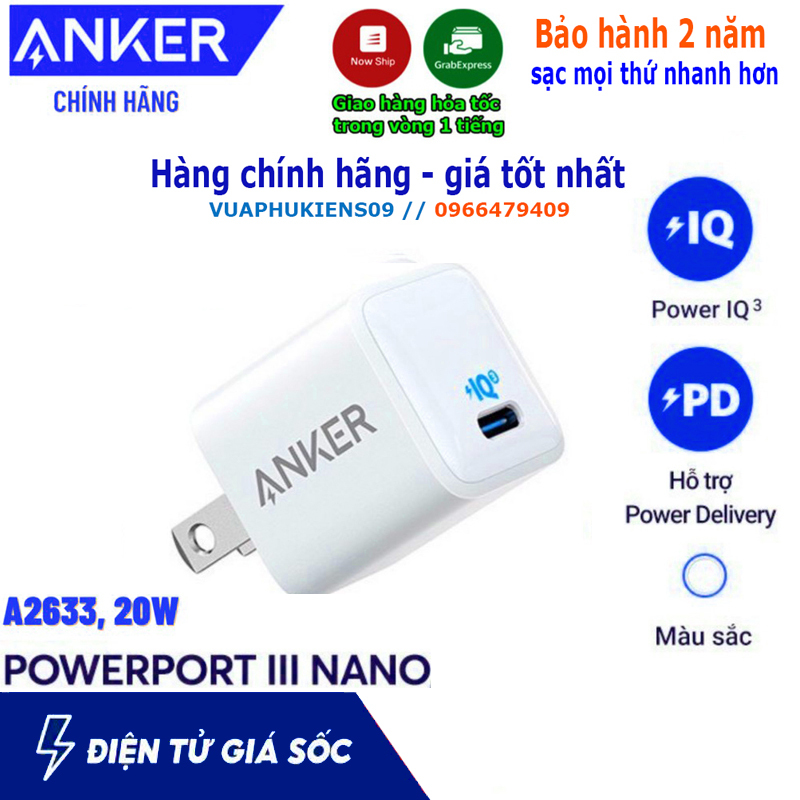 Anker a2633 PowerPort III Nano 1 cổng USB-C dùng cho Samsung, IPad, IPhone
