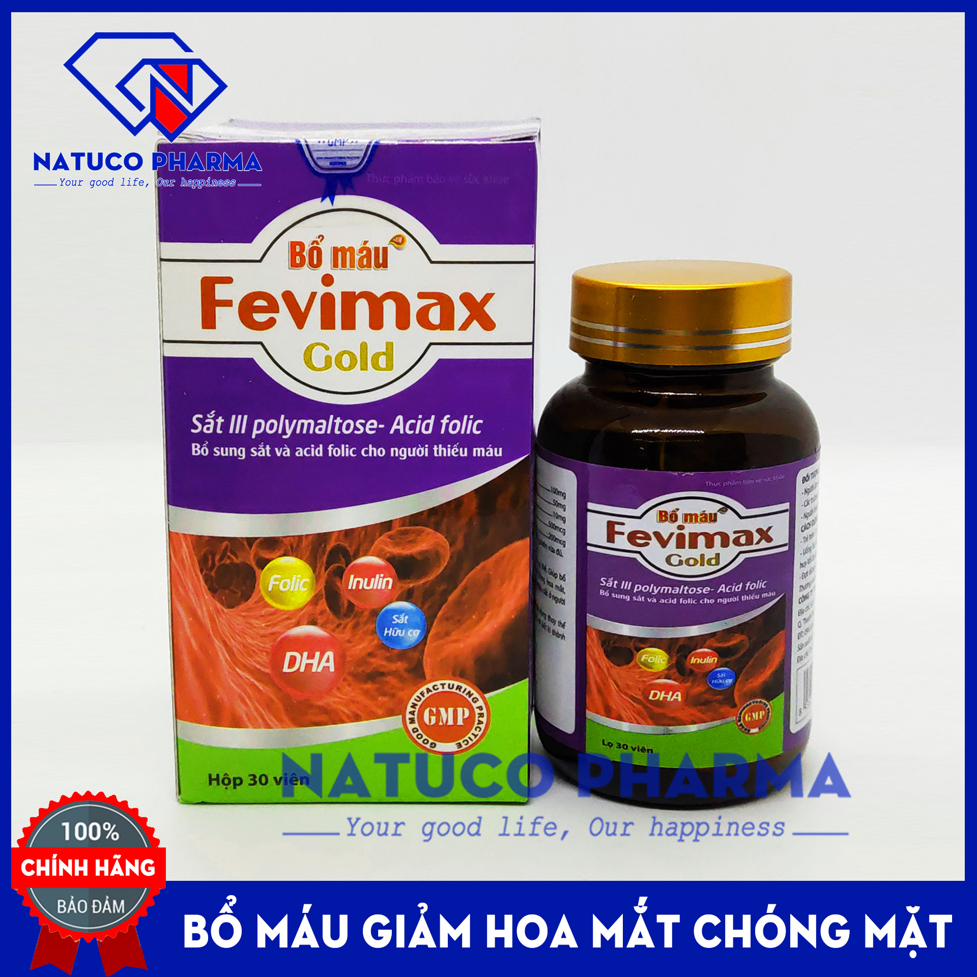 Viên uống Bổ máu Fevimax Gold Hộp lọ 30 viên dùng 30 ngày-bổ sung Sắt, Acid Folic cho người thiếu máu, phụ nữ mang thai và cho con bú -  chuẩn GMP