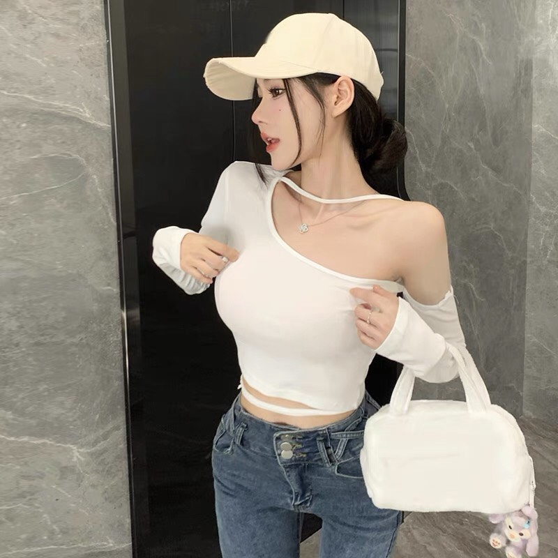 Áo thun croptop lệch vai tay dài phối dây eo và cổ