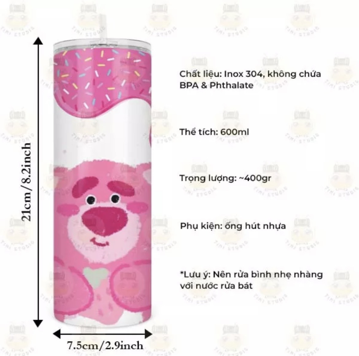 Ly giữ nhiệt gấu dâu Lotso chất liệu inox 304 không gỉ cao cấp, Cốc giữ nhiệt gấu dâu Lotso, bình giữ nhiệt gấu dâu Lotso