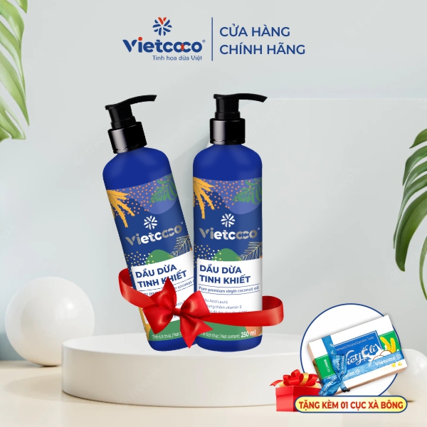 Hộp combo 2 chai dầu dừa tinh khiết Vietcoco 250ml (tặng kèm túi vải nhỏ)