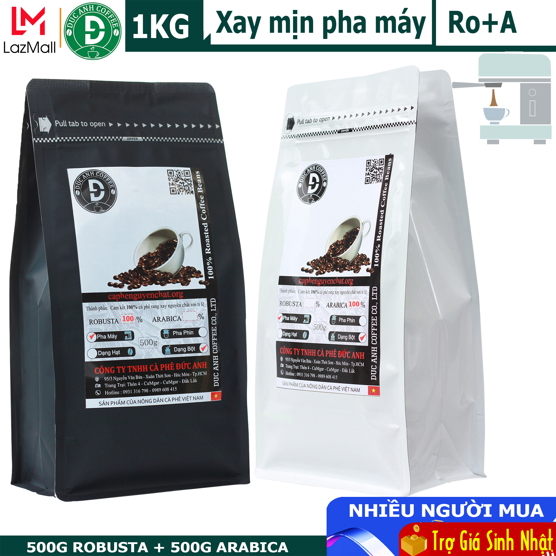 [Combo]1kg cà phê bột pha máy Espresso ( 500g Robusta + 500g Arabica ) rang medium thương hiệu cà phê rang mộc DUC ANH COFFEE
