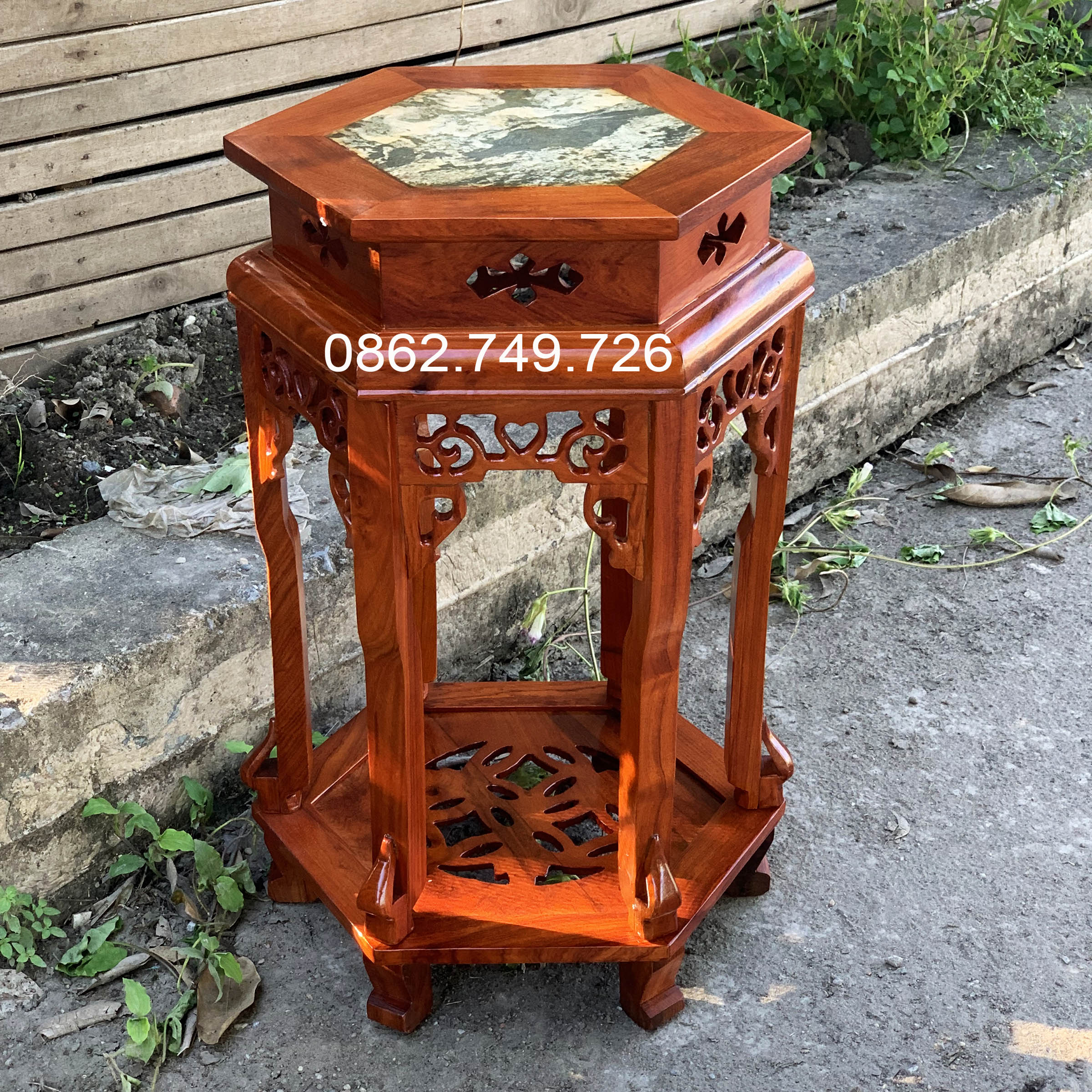 Đôn gỗ mặt đá chiện lục giác kê phòng khách gỗ hương cao 50,60,70,80cm