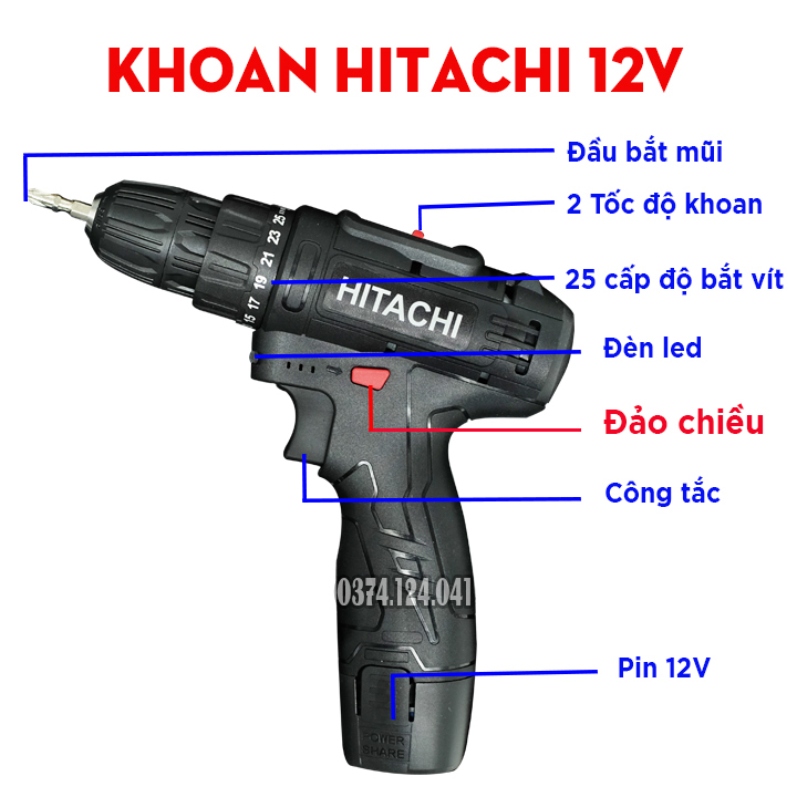 [ TẶNG MŨI VÍT ] Máy khoan pin HTC 12v gỗ , sắt ,  bắt vít , 25 cấp độ trượt