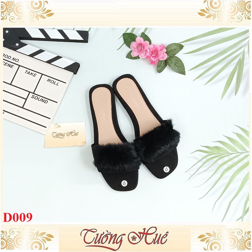 Dép nữ đế bệt quai ngang lông xù sang chảnh - d009