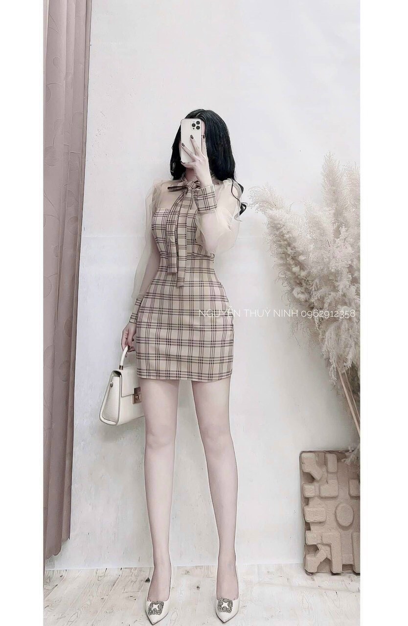 Đầm kate caro dày hàng thiết kế xinh lung linh lt