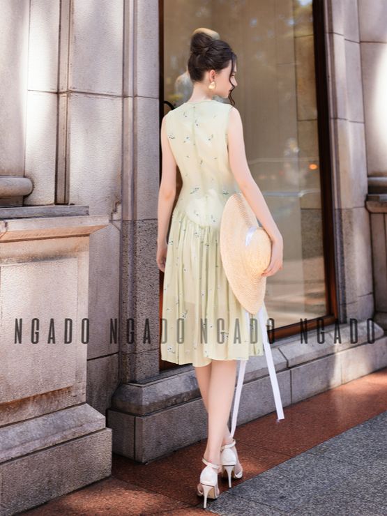 Đầm xếp ly bông xanh NGADO