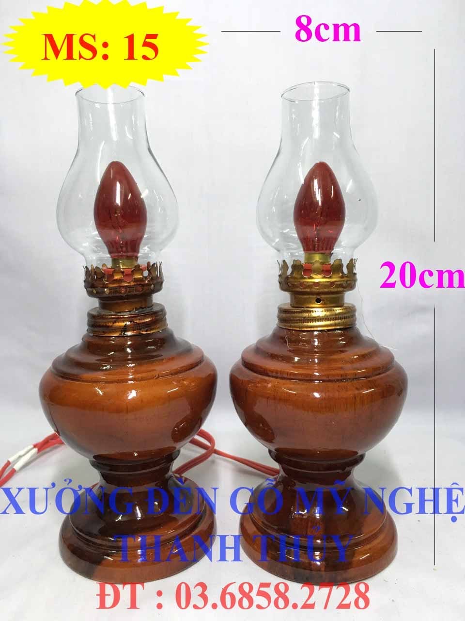 Đèn dầu bàn thờ điện hàng đẹp chất lượng - Mẫu lớn - Gỗ tràm- MS: 15