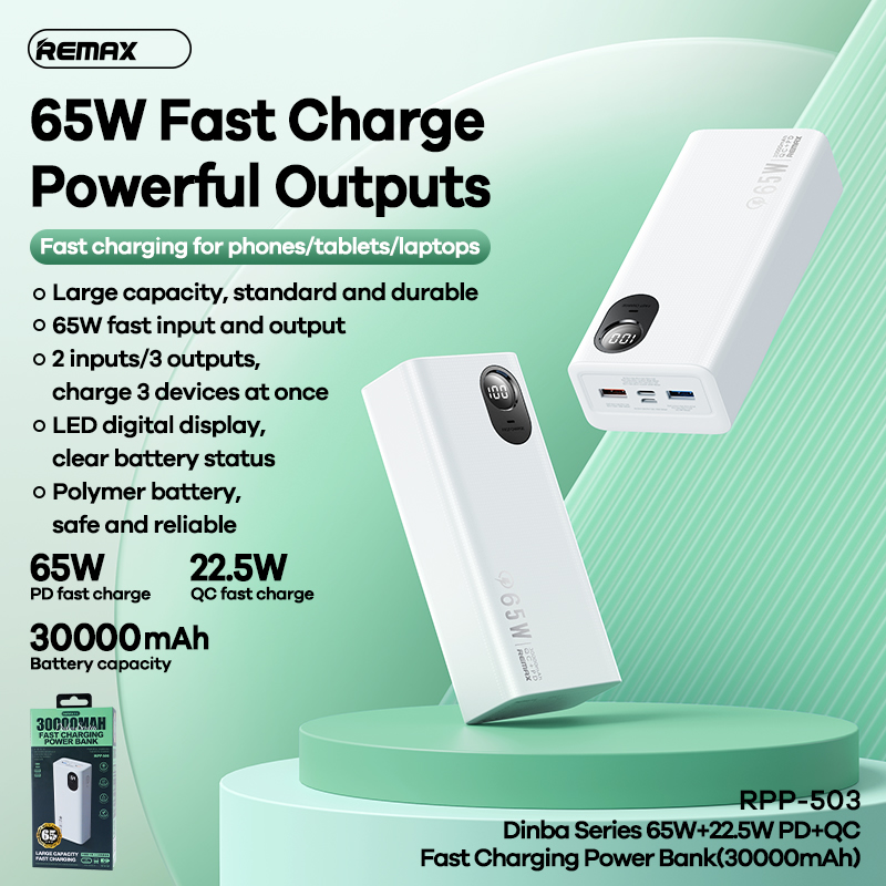 Pin sạc dự phòng 30000mAh 65W Remax RPP-503-Sạc mọi thiết bị di động từ điện thoại, máy tính bảng đến laptop chỉ bằng một viên.bảo hành 12 tháng