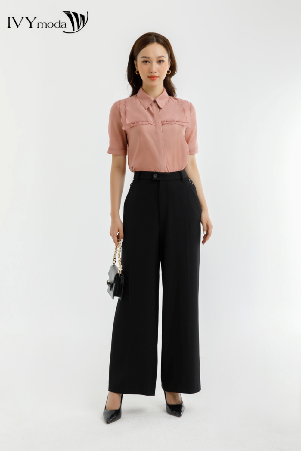 Áo sơ mi lụa thêu viền IVY moda MS 16M7643