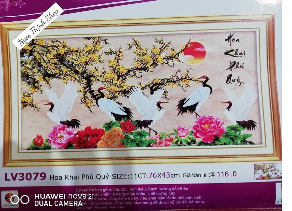 Tranh thêu chữ thập hoa khai phú quý mã LV3079