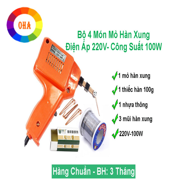 Mỏ Hàn Xung 220V-100W Chuẩn ( Tặng 01 thiếc OK 100g, 01 hộp nhựa thông, 03 mũi hàn xung )