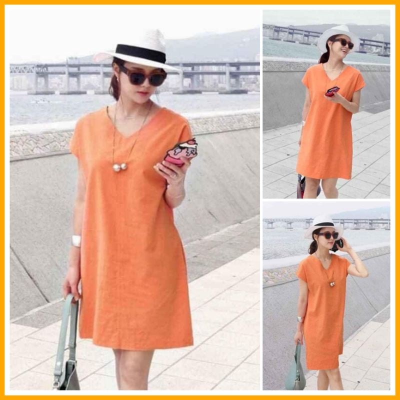 Đầm linen cổ tim đủ sz S-XL