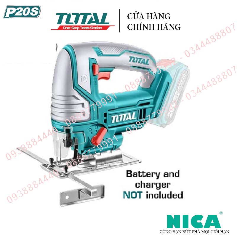 Máy cưa đa năng dùng pin cầm tay 20V Total TJSLI8501 máy cưa lọng dùng motor chổi than, tốc độ không tải 0-2900/phút , vùng di chuyển cắt 20mm, cắt kim loại 10mm, gỗ 85mm, kèm theo 5 lưỡi cưa lọng. không kèm theo pin và sạc
