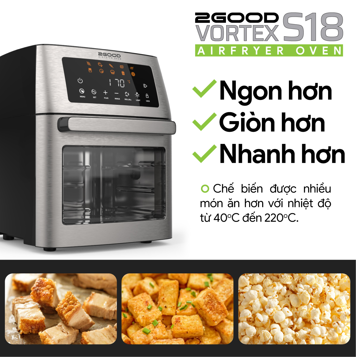 Nồi chiên không dầu điện tử 2Good Vortex S18 Chính hãng - 15 lít - 10 chức năng