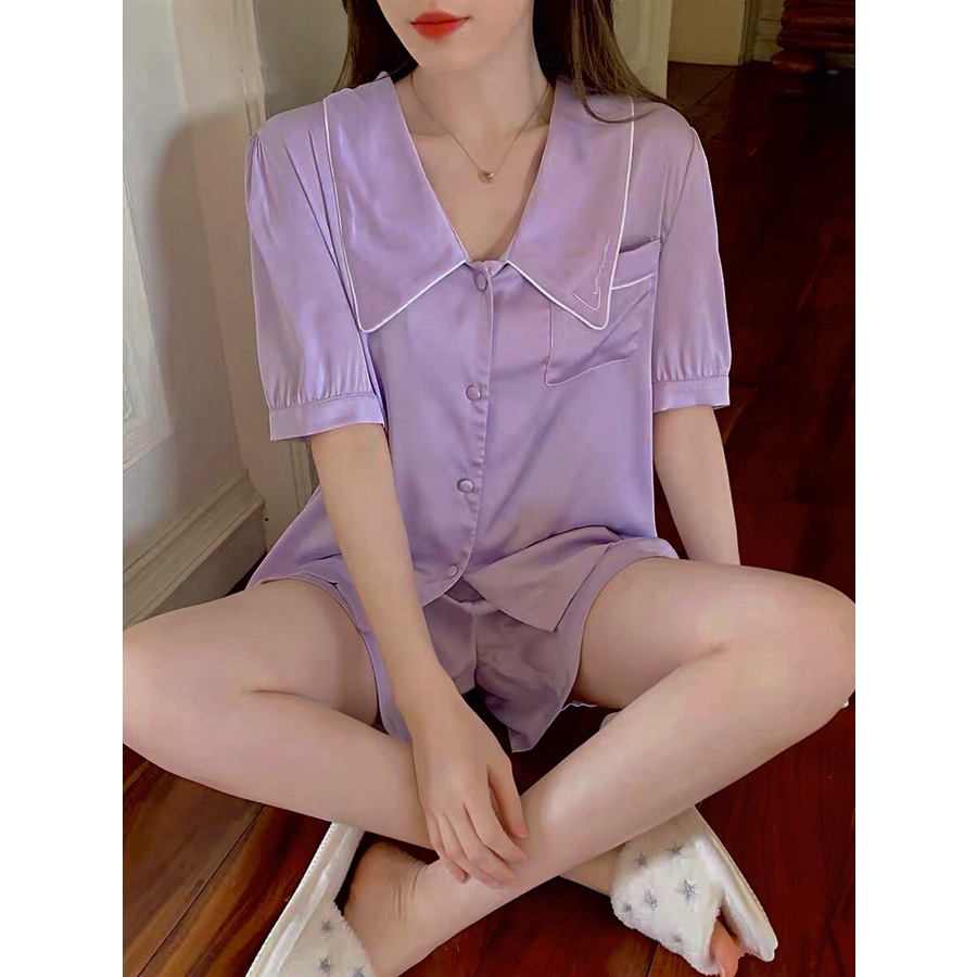 Bộ đồ ngủ lụa cộc tay, bộ pijama lụa tiểu thư cao cấp (BN003)