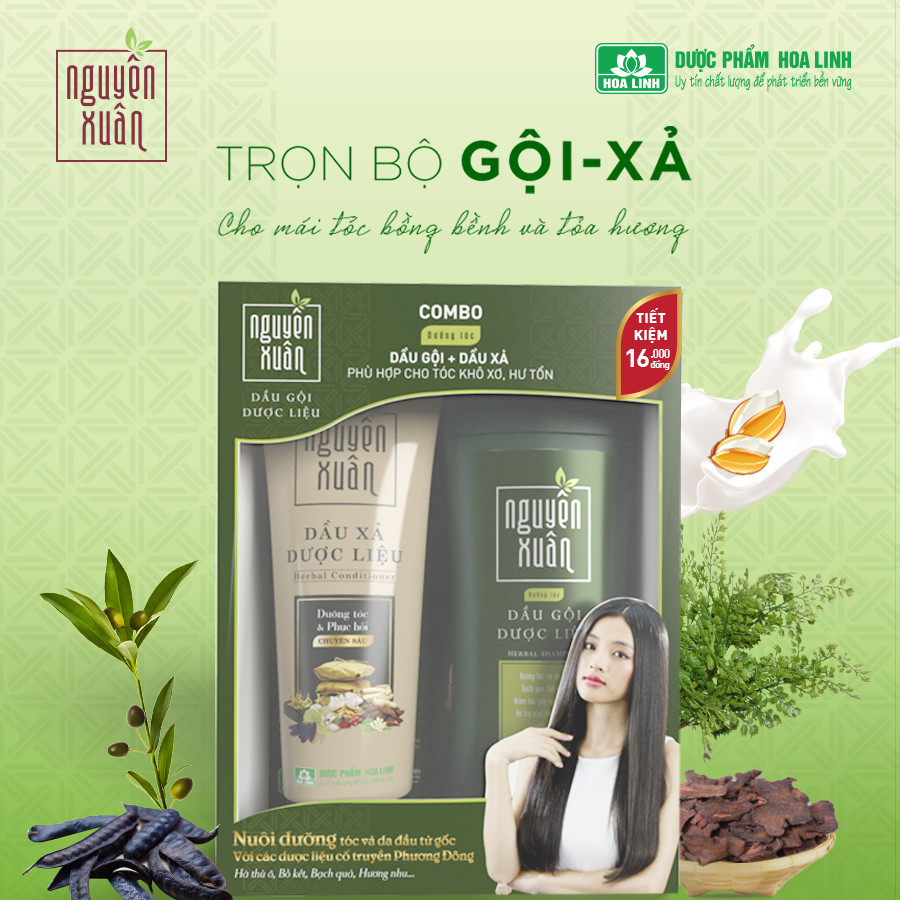 Trọn bộ dầu gội và dầu xả dược liệu Nguyên Xuân cho mái tóc bồng bềnh tỏa hương - NX5-01 - Bộ gồm dầu gội Nguyên Xuân xanh 200ml & dầu xả Nguyên Xuân 150ml