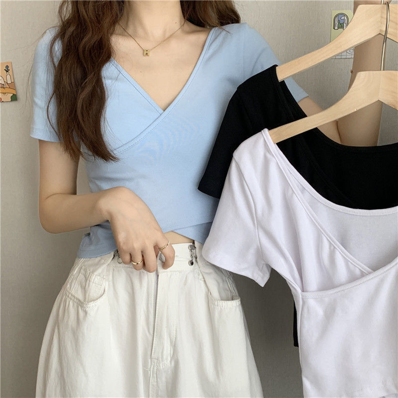 MS31 Áo thun nữ trơn vạt chéo croptop hở eo