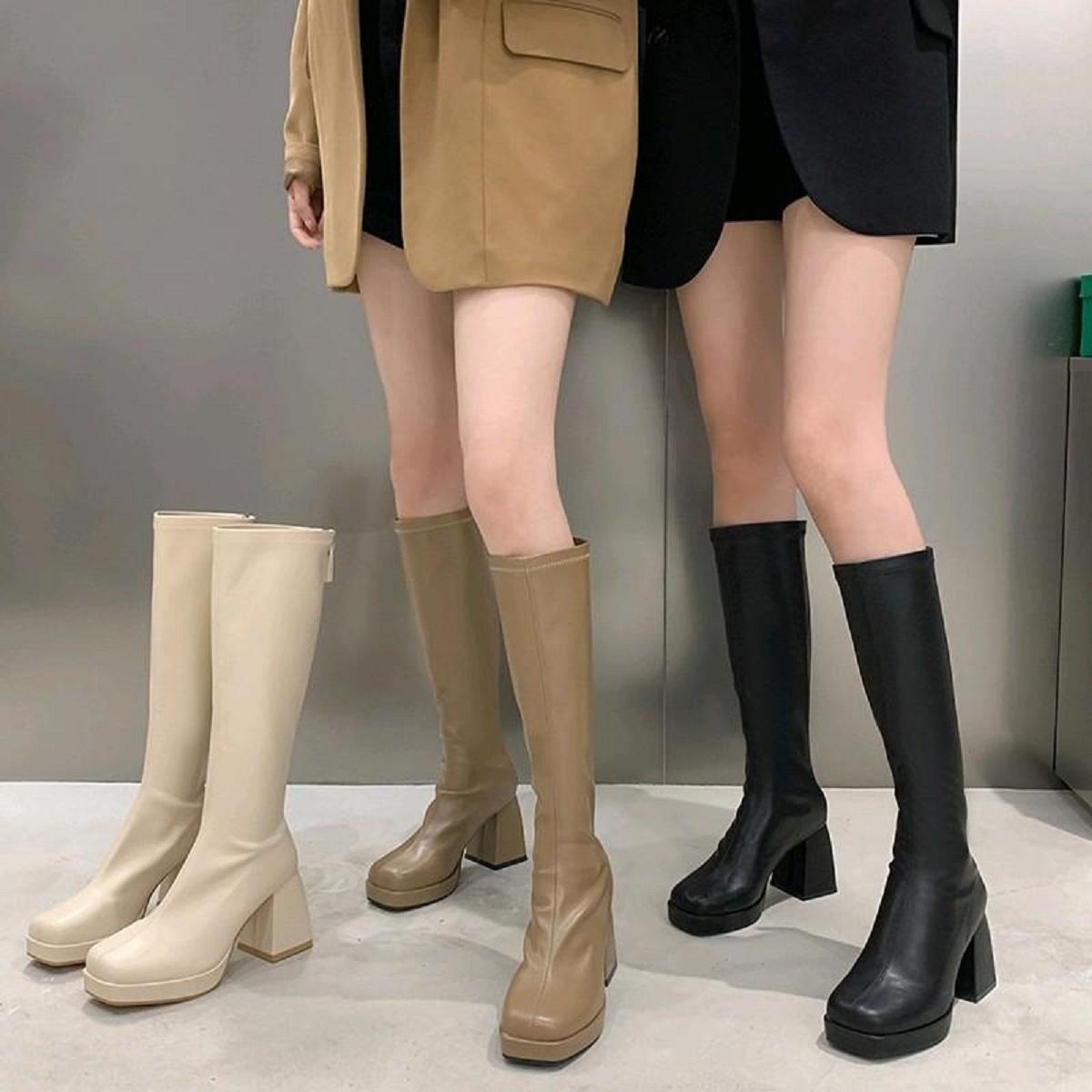 Bốt Đùi Độn Đế 8cm Boots Da Mềm Cổ Cao Khoá Kéo