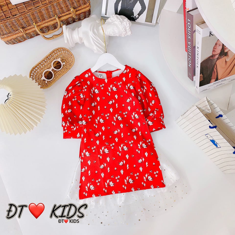 Áo dài hoa đỏ cam,đỏ đô cho bé gái