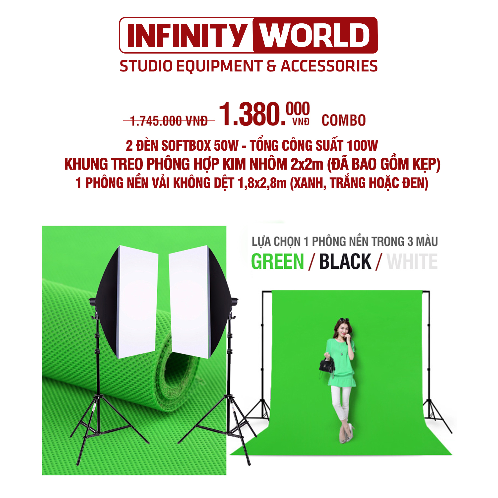 [COMBO] Set đèn chụp ảnh/livestream Tianrui 50W (Led) & Bộ khung treo phông 2x2m Kèm phông nền