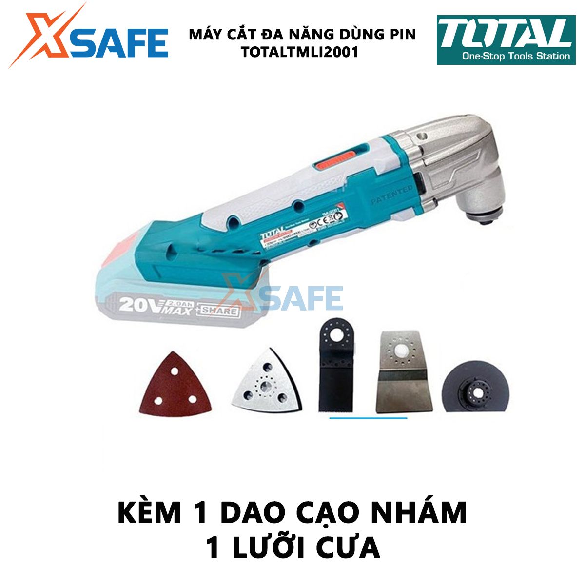 Máy cắt cầm tay dùng pin 20V Total TMLI2001 máy cắt đa năng kèm 1 dao cạo nhám, lưỡi cưa, lưỡi phân khúc, chìa khóa, giấy nhám đồng bằng và 3 giấy nhám, tốc độ không tải 5000-20000v/p, không kèm theo pin và cục sạc