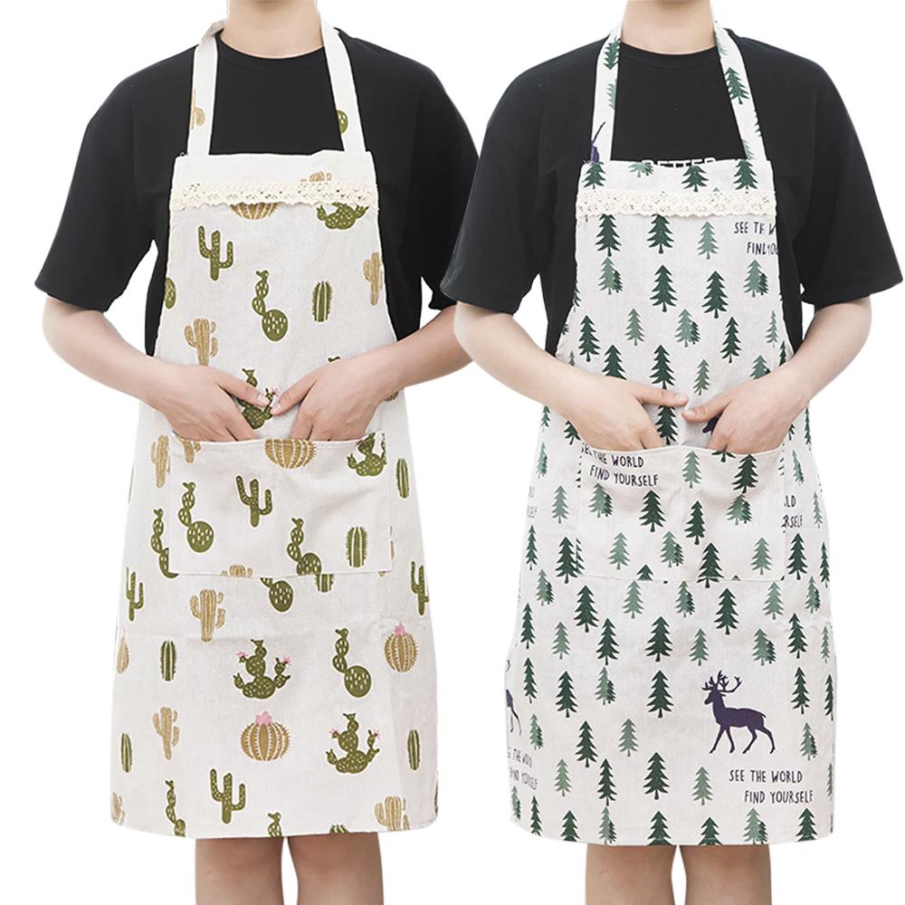 Unisex Adjustable Apron Nordic Cotton Linen Restaurant Gallery Overalls Christmas Tree Fawn Pattern Barbecue Cooking Women Bib