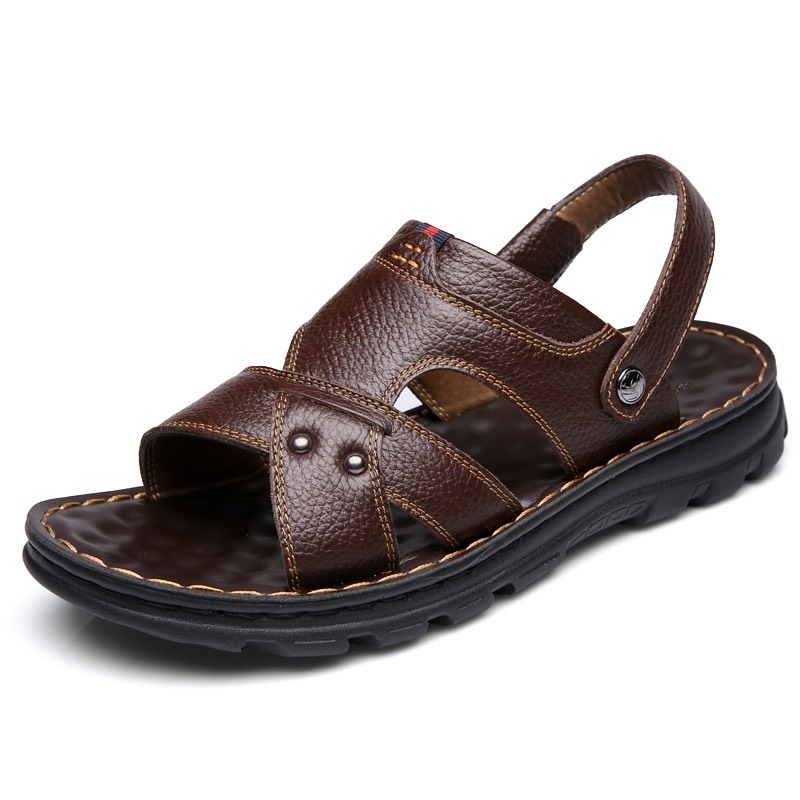 HOÀN TIỀN 15% - Sandal Quai Chéo Nam Da Bò Đế Khâu Dép Quai Hậu Phong Cách Lịch Lãm