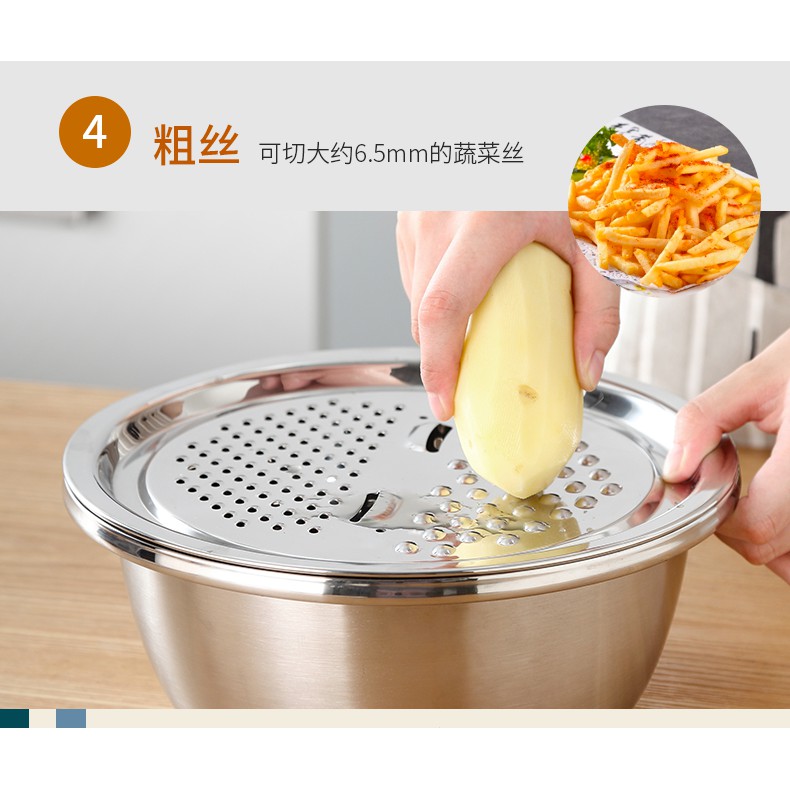 [Hàng  xịn] Bộ dụng cụ nạo rau củ đa năng, rổ chậu inox nhà bếp - Bộ rổ chậu nhà bếp inox 3 món hình tròn, Thố inox nhà bếp đựng trái cây, rau củ