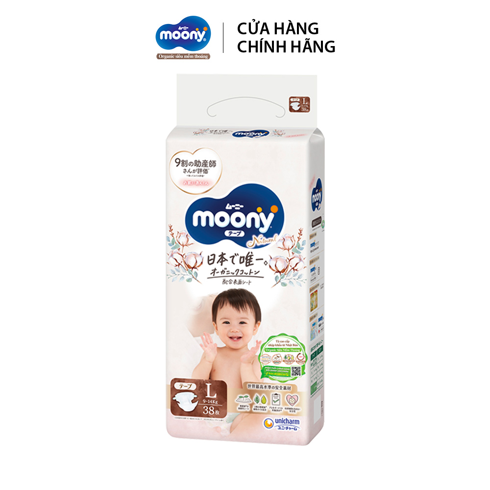 Tã/Bỉm dán cao cấp Moony Natural size L 38 miếng (9 - 14kg) bề mặt bông 100% cotton organic