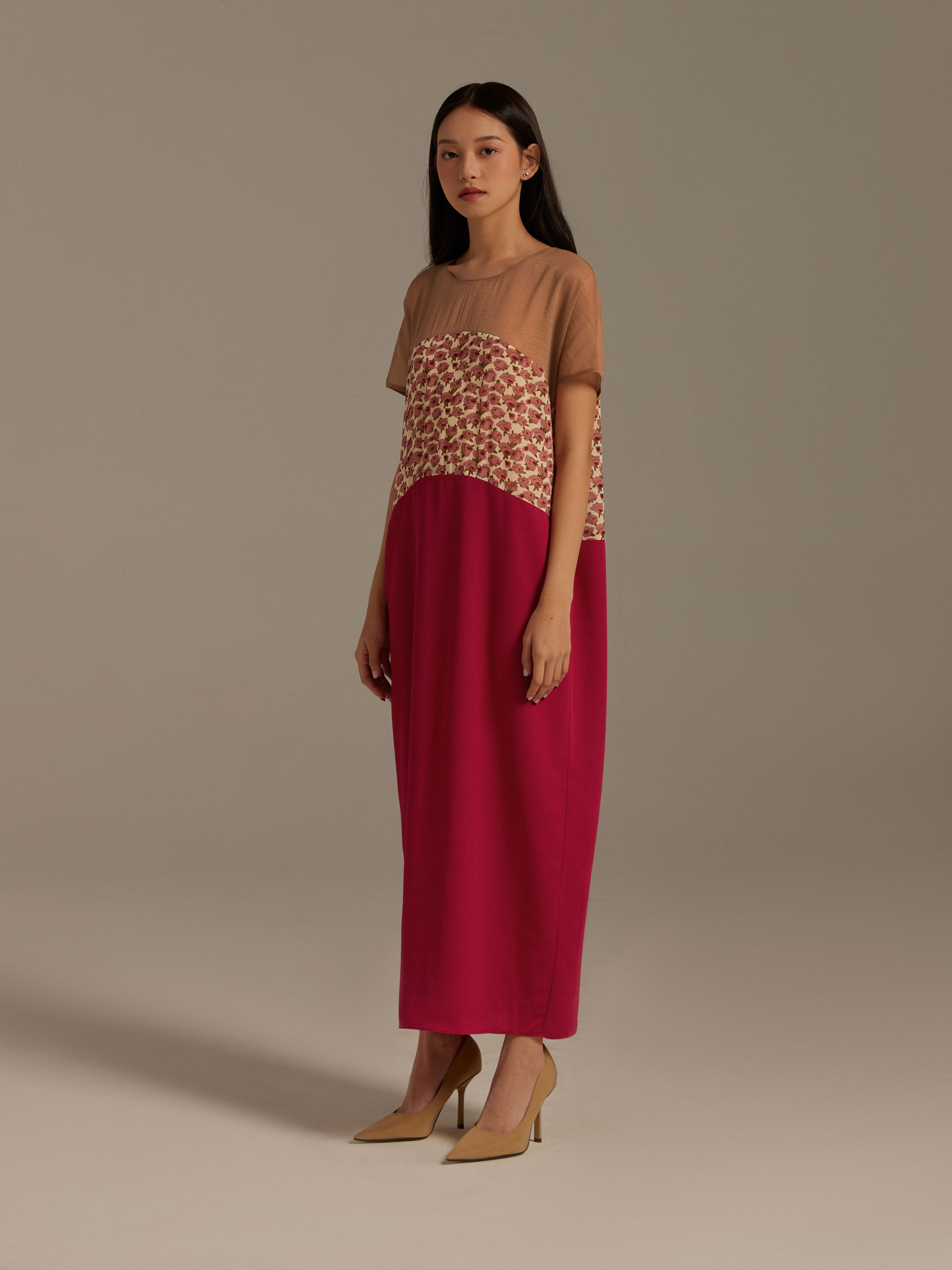 Đầm lụa phối ba màu Mauve Indochine dress