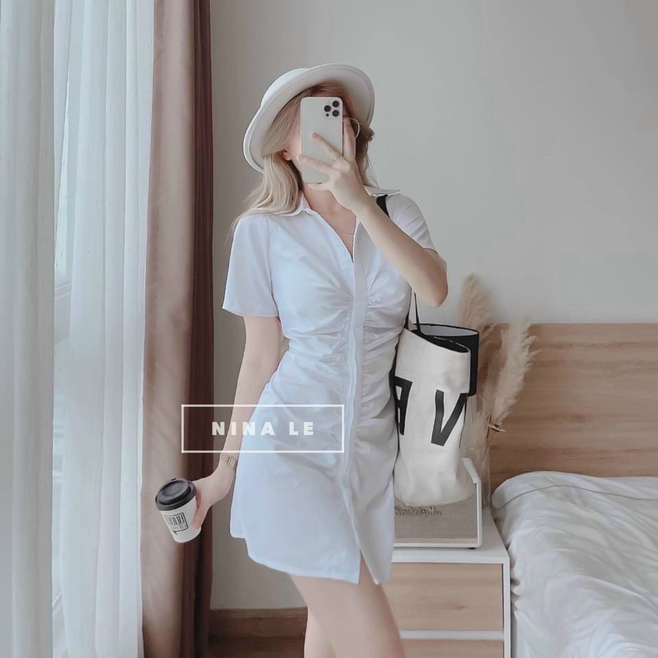 Đầm kiểu cổ sơ mi phối nhún eo cực trẻ trung cá tinh sexy cho nàng