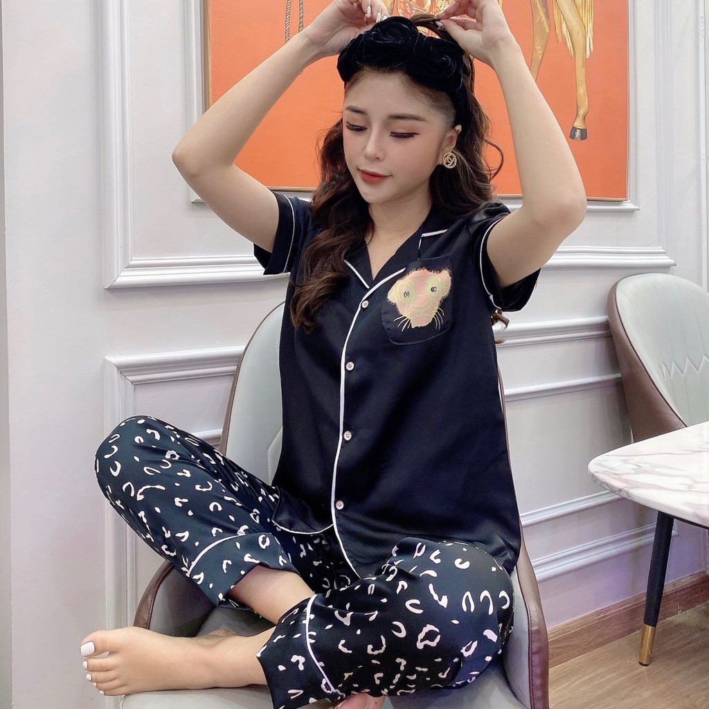 Bộ Đồ Nữ Mặc Nhà Áo Cộc Quần Dài Chất Lụa Satin Mát Nhẹ Mềm Mại