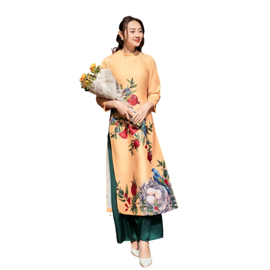 Áo Dài In Cành Lựu Đỏ Ad003