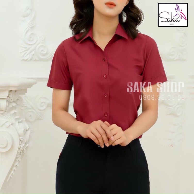 Áo sơ mi trắng form rộng nữ tay ngắn vải kate lụa không nhăn