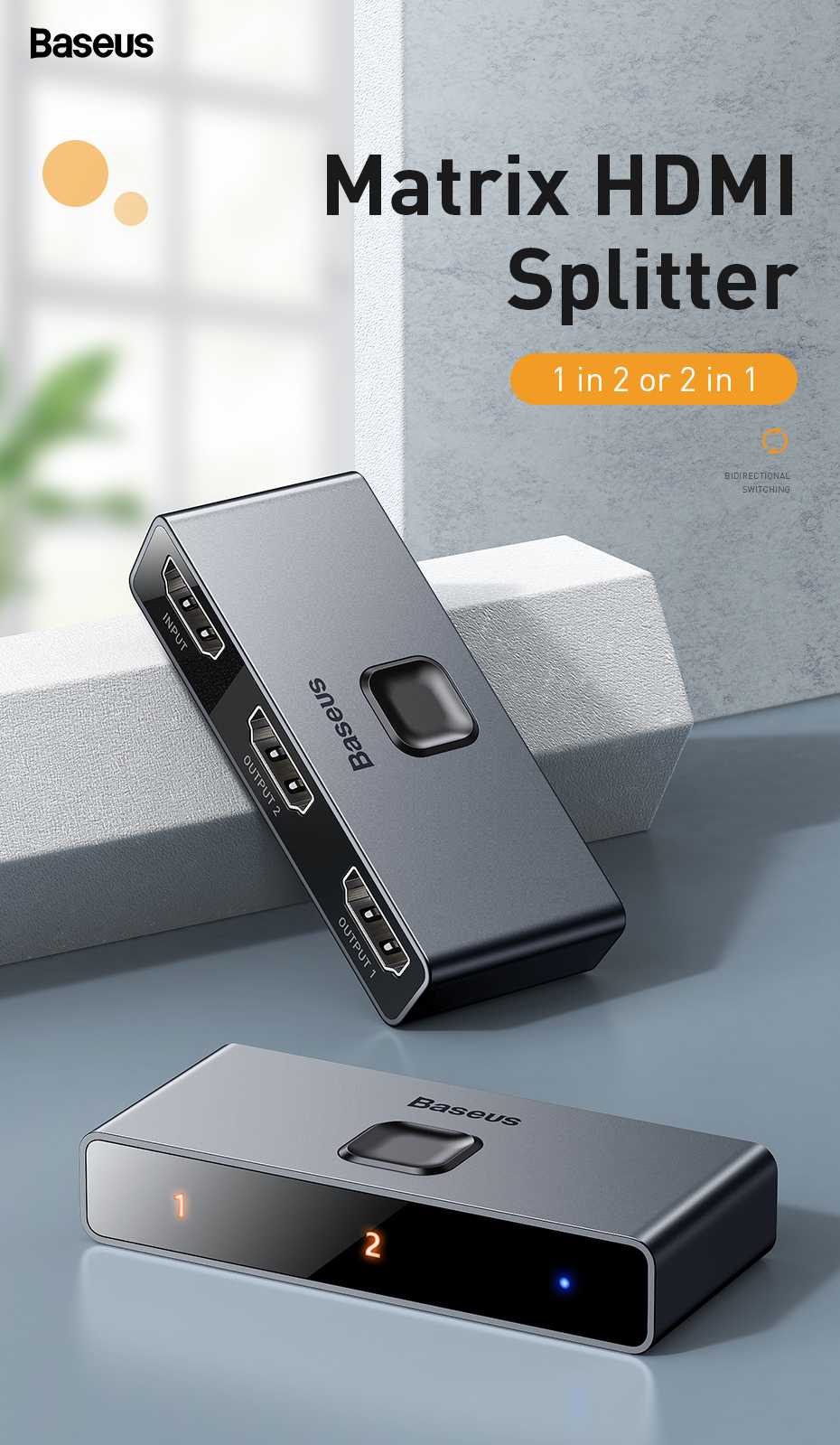 Thiết bị chia cổng HDMI 2 chiều Baseus Matrix HDMI Splitter - CAHUB-BC0G