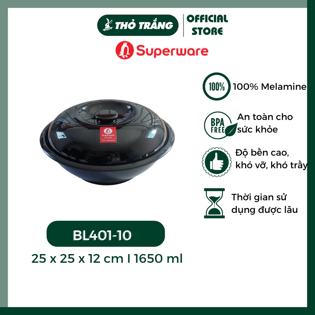 Thố cơm thố canh có nắp (xanh-đen-trắng-nâu) melamine Superware Thái Lan