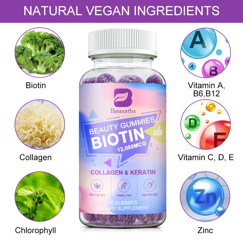 BEWORTHS Biotin Gummies 12000mcg với Biotin, Collagen, Keratin, Chất diệp lục, Kẽm và Vitamin A, B6, B12, C, D, E Hỗ trợ sự phát triển của da và móng cho phụ nữ và nam giới