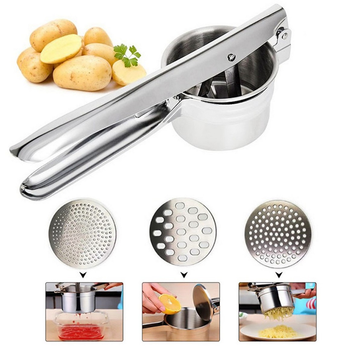 Bộ dụng cụ ép rau củ quả, làm bún, 3 đầu inox không rỉ sét an toàn cho sức khỏe