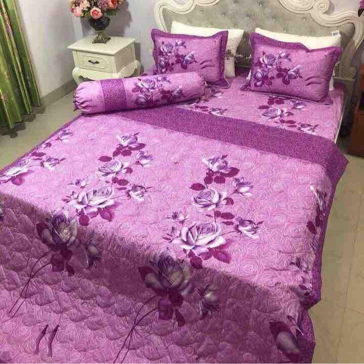 BỘ CHĂN GA GỐI COMBO 5 MÓN - HOA CÀNH TÍM