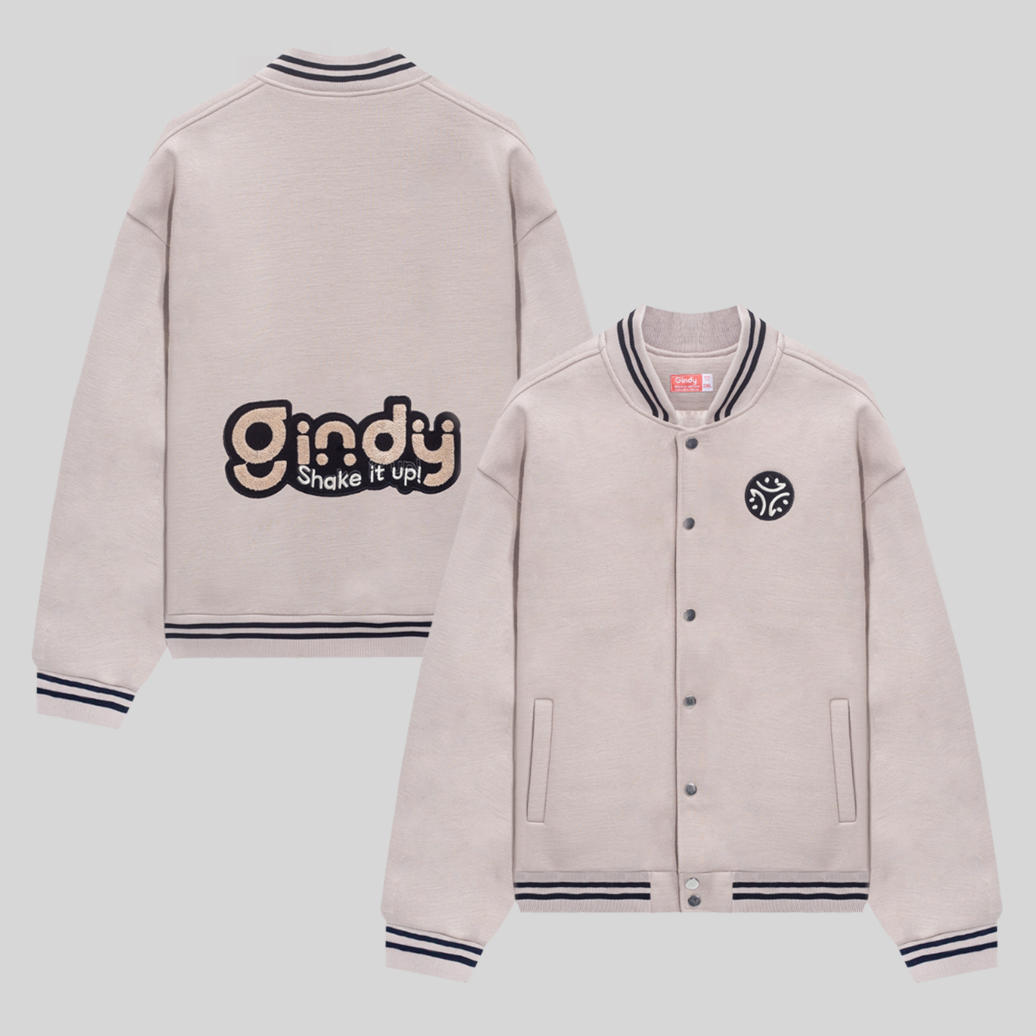 Áo khoác varsity bomber GINDY unisex chất dạ 2 lớp sang trọng cao cấp dài tay màu be thời trang thu đông A090