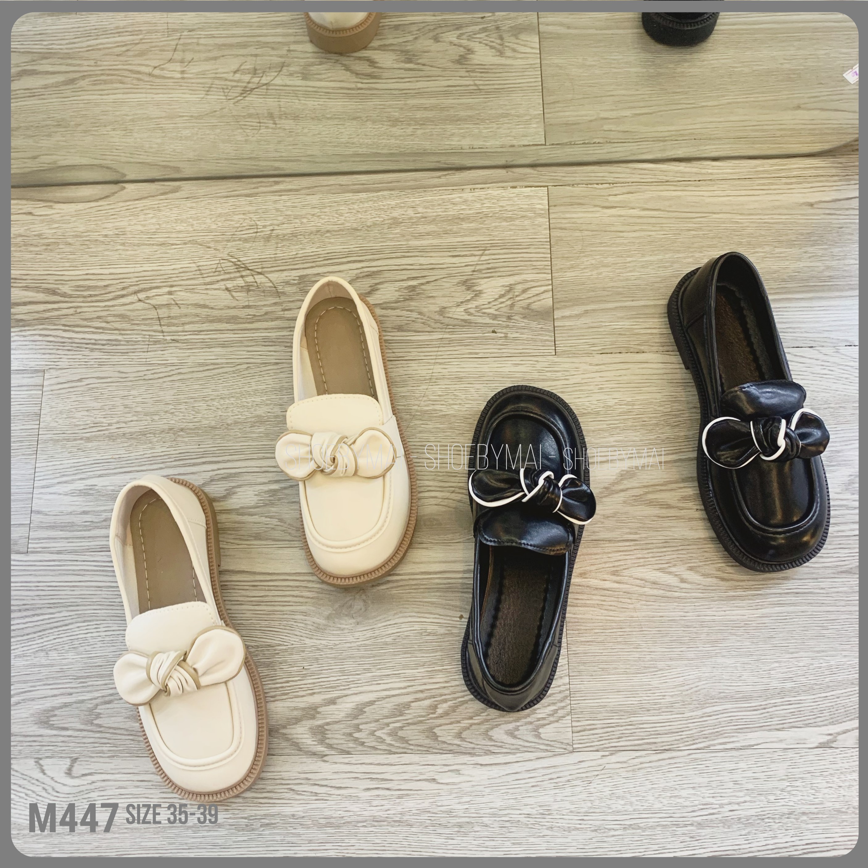 Giày đế bằng nơ Anh reto da lì mềm M447