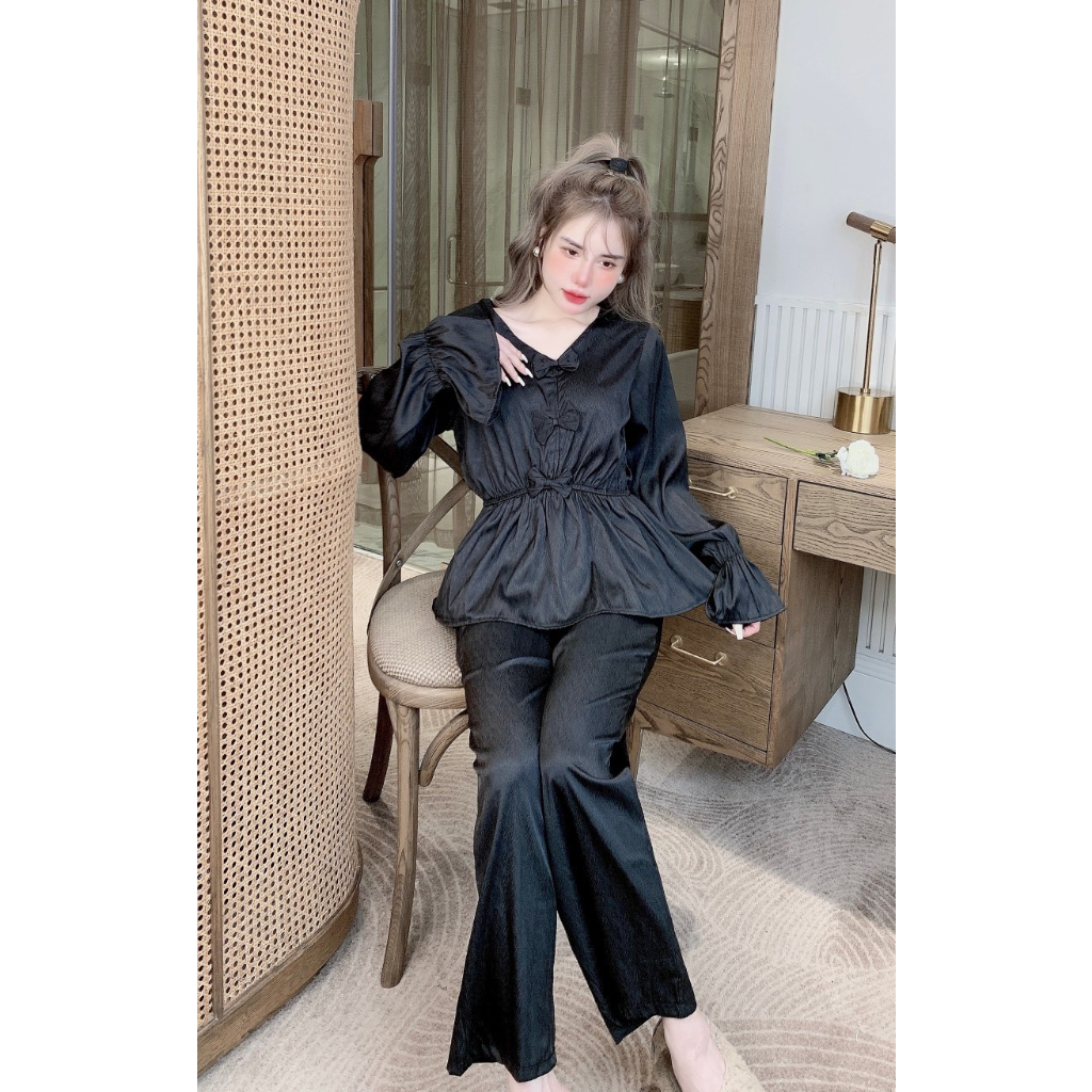Đồ bộ tiểu thư nơ tay dài dáng peplum lụa xước Freesize