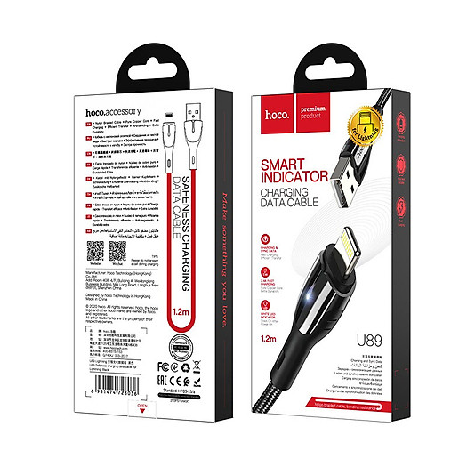 Cáp sạc nhanh 2.4a hoco u89 có đèn báo iphone, type c, micro 1.2m