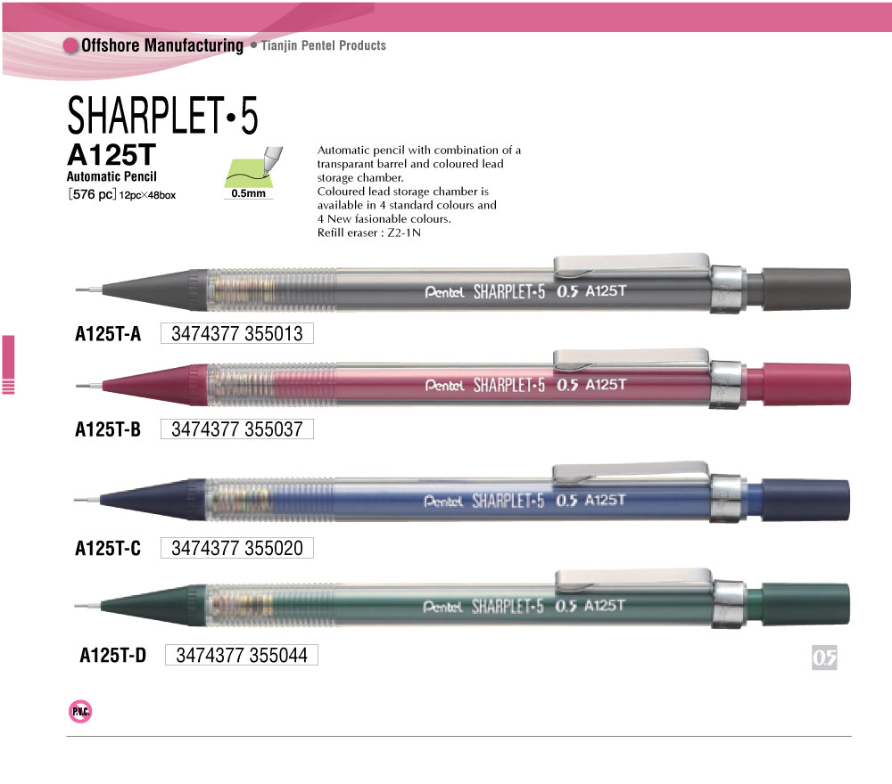 Bút Chì Kim Bấm Kỹ Thuật Nhật Bản Pentel Sharplet 5 - Ngòi 0.5mm -  A125T - Vỏ Nhựa Ngoài Trong Suốt, Thân Bút Bên Trong Với Tông Màu Tối - Nhập Khẩu Chính Hãng